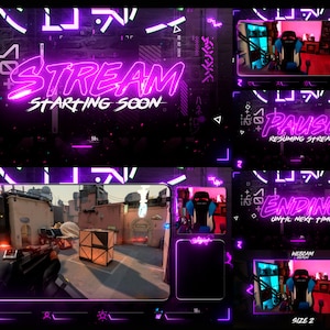 May include: A neon pink and purple graphic design with the text "STREAM STARTING SOON", "PAUSE RESUMING STREAM", and "ENDING UNTIL NEXT TIME". The design also includes a webcam feed of a person in a gaming chair and a video game screen.