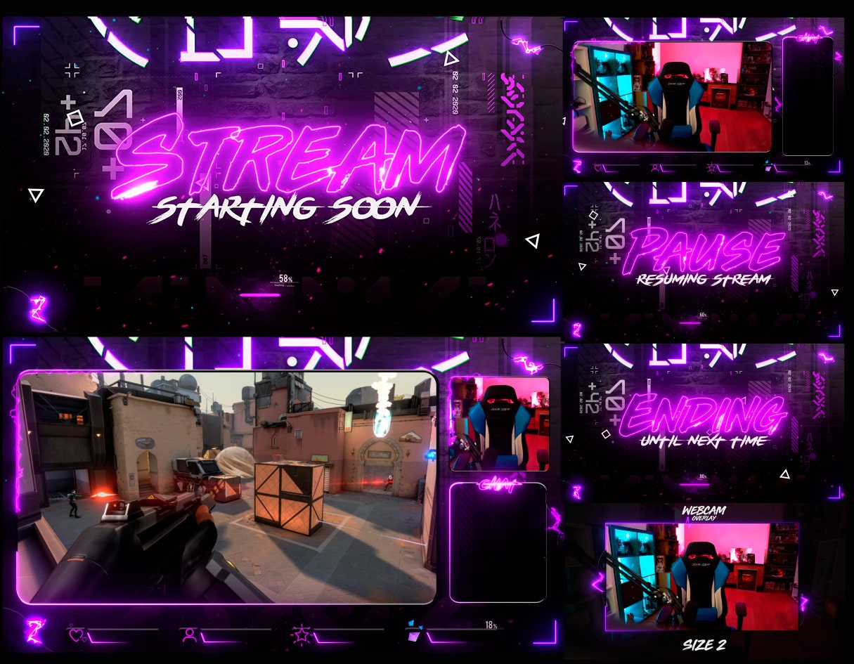 Overlays Stream Pack Animated / Neon Purple Style Compatible 