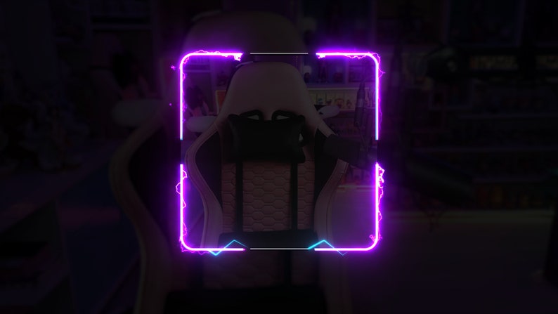 May include: A white and black gaming chair with a black headrest pillow. The chair is framed in a neon pink and blue border.