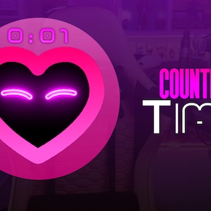 May include: A pink and purple countdown timer with a heart-shaped design. The timer is set to 0:01 and has a winking face. The text "COUNTDOWN TIMER" is displayed in pink and white.