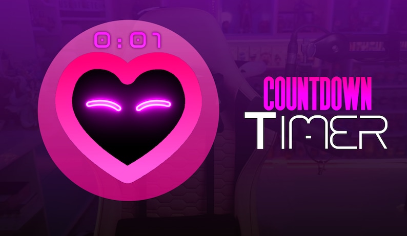 May include: A pink and purple countdown timer with a heart-shaped design. The timer is set to 0:01 and has a winking face. The text "COUNTDOWN TIMER" is displayed in pink and white.