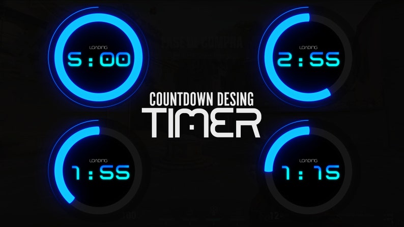Peut inclure: Quatre compteurs &agrave; rebours num&eacute;riques bleus avec un fond blanc et du texte noir. Les compteurs affichent les chiffres 5:00, 2:55, 1:55 et 1:15. Le texte "COUNTDOWN DESING TIMER" est affich&eacute; en blanc sous les compteurs.