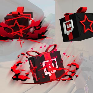 Puede incluir: Tres cajas de regalo estilizadas en negro y rojo. Cada caja tiene un lazo y una cinta rojos. Una caja presenta una estrella roja, otra tiene el logo blanco de Twitch y la tercera el logo blanco con el número 40. Las cajas están rodeadas de explosiones rojas.