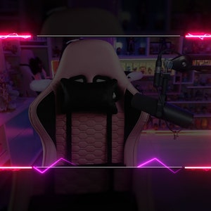 May include: A pink and black gaming chair with a black headrest pillow. The chair is in front of a shelf with various items on it. The image is framed with a neon pink and purple border.
