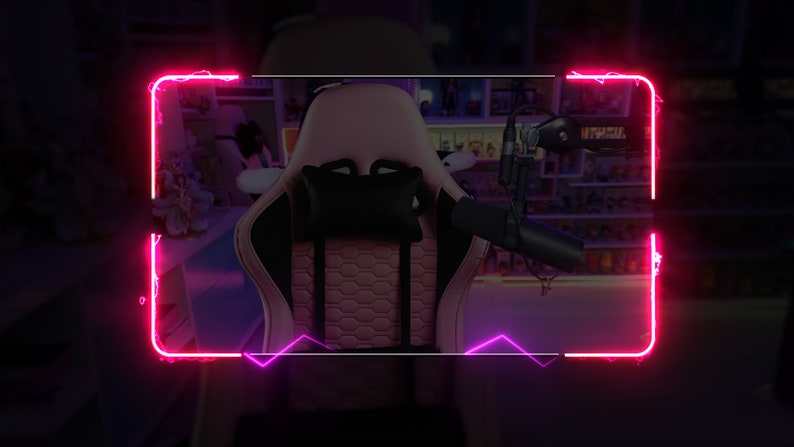 May include: A pink and black gaming chair with a black headrest pillow. The chair is in front of a shelf with various items on it. The image is framed with a neon pink and purple border.