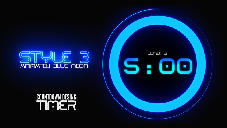 Peut inclure: Un compte &agrave; rebours n&eacute;on bleu avec le texte "LOADING" et "S:00" affich&eacute;. Le minuteur est de forme circulaire avec un contour n&eacute;on bleu. Le texte "STYLE 3 ANIMATED BLUE NEON COUNTDOWN DESING TIMER" est affich&eacute; sous le minuteur.