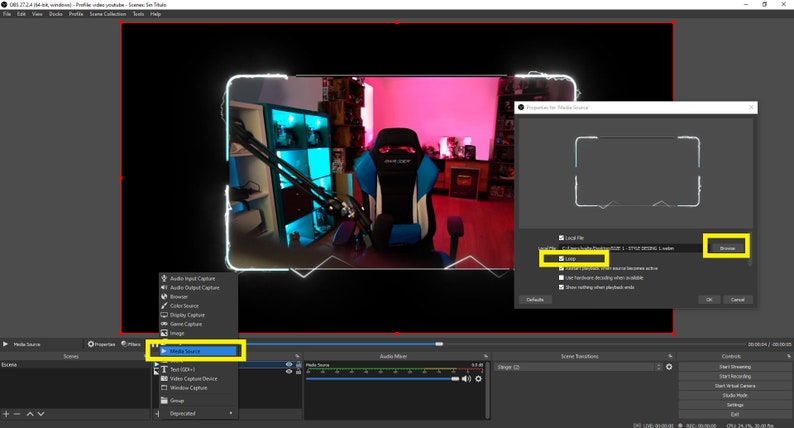 May include: A screenshot of a computer screen showing a video streaming software program. The program is being used to stream a video of a room with a gaming chair. The video is surrounded by a neon blue and white border. The program has a menu bar with options for audio input capture, audio output capture, color source, display capture, game capture, image capture, media source, and more. The program also has a preview window showing the video that is being streamed.