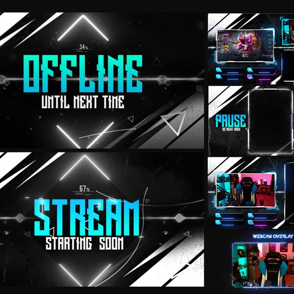 Overlays Stream Pack Neon style  Blue - WEBM format - compatible con OBS Studio, Streamlabs, Streamelements, etc.