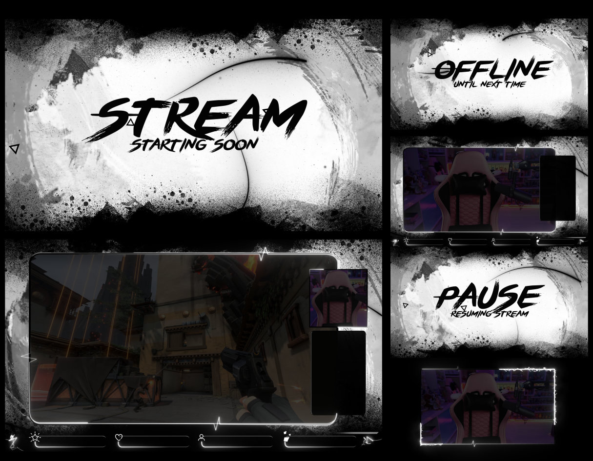 Animated Stream Overlays Pack - Black and White - Smoke ash style