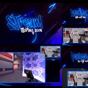 Może przedstawiać: Cyfrowa nakładka do streamingu na żywo, z ciemnoniebieskim tłem i neonowymi niebieskimi akcentami. Tekst "Stream Starting Soon" jest wyraźnie wyświetlany. Dodatkowe panele obejmują "Ending", "Pause" i okna przechwytywania gier.