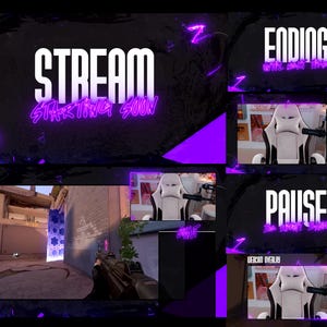 May include: Digital overlay set for live streaming, with a dark background and purple accents. Text includes "STREAM STARTING SOON", "ENDING", and "PAUSE". Includes webcam overlay and game capture elements for online content.