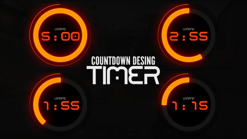 Peut inclure: Quatre compteurs &agrave; rebours orange et noirs avec le texte "COUNTDOWN DESING TIMER" en blanc. Les compteurs affichent les temps 5:00, 2:55, 1:55 et 1:15.