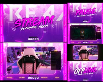 Overlays Stream Pack NEON Rose - Animated design - Compatible with Twitch and kick