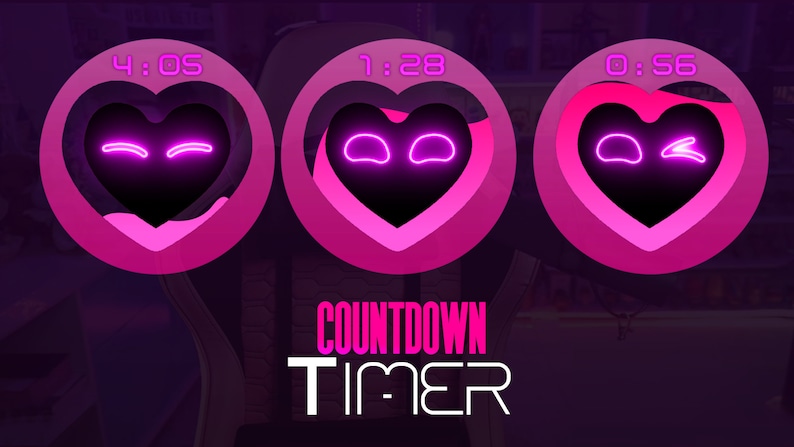 May include: Three pink heart-shaped countdown timers with neon pink eyes and mouths. The timers display 4:05, 1:28, and 0:56. The text "COUNTDOWN TIMER" is below the timers.