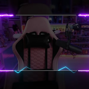 May include: A pink and black gaming chair with a black headrest pillow. The chair is in front of a shelf with various items on it. The chair is framed with a neon pink and blue border.