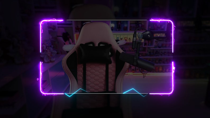 May include: A pink and black gaming chair with a black headrest pillow. The chair is in front of a shelf with various items on it. The chair is framed with a neon pink and blue border.