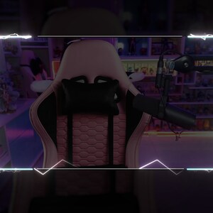 May include: A pink gaming chair with a black headrest and lumbar support. The chair is in front of a shelf with various items on it. A microphone arm is attached to the chair.
