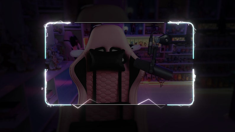 May include: A pink gaming chair with a black headrest and lumbar support. The chair is in front of a shelf with various items on it. A microphone arm is attached to the chair.