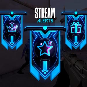 May include: Three neon blue and black banners with different icons: a crown, a star, and a gift box. The banners have a futuristic design with glowing edges and the text "STREAM ALERTS" in white.