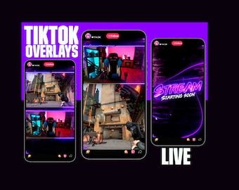 Paquete de superposición de transmisión TIKTOK de color púrpura neón: diseño animado de TiktokLive