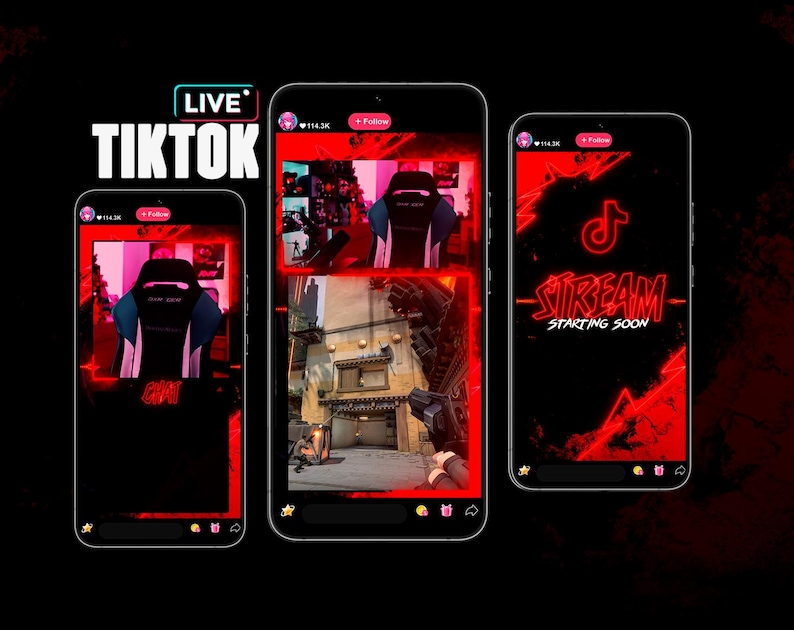May include: Three screenshots of a TikTok live stream. The first screenshot shows a gamer's setup with a gaming chair and a computer monitor. The second screenshot shows a video game scene with a player holding a gun. The third screenshot shows a TikTok logo with the text "STREAM STARTING SOON".