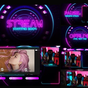 Animated Stream Overlay pack / Neon futuristic style /  Twitch and Kick