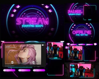 May include: A neon pink and blue animated stream overlay with the text "STREAM STARTING SOON" in the center. The overlay also includes a chat box, a pause screen, and an offline screen.