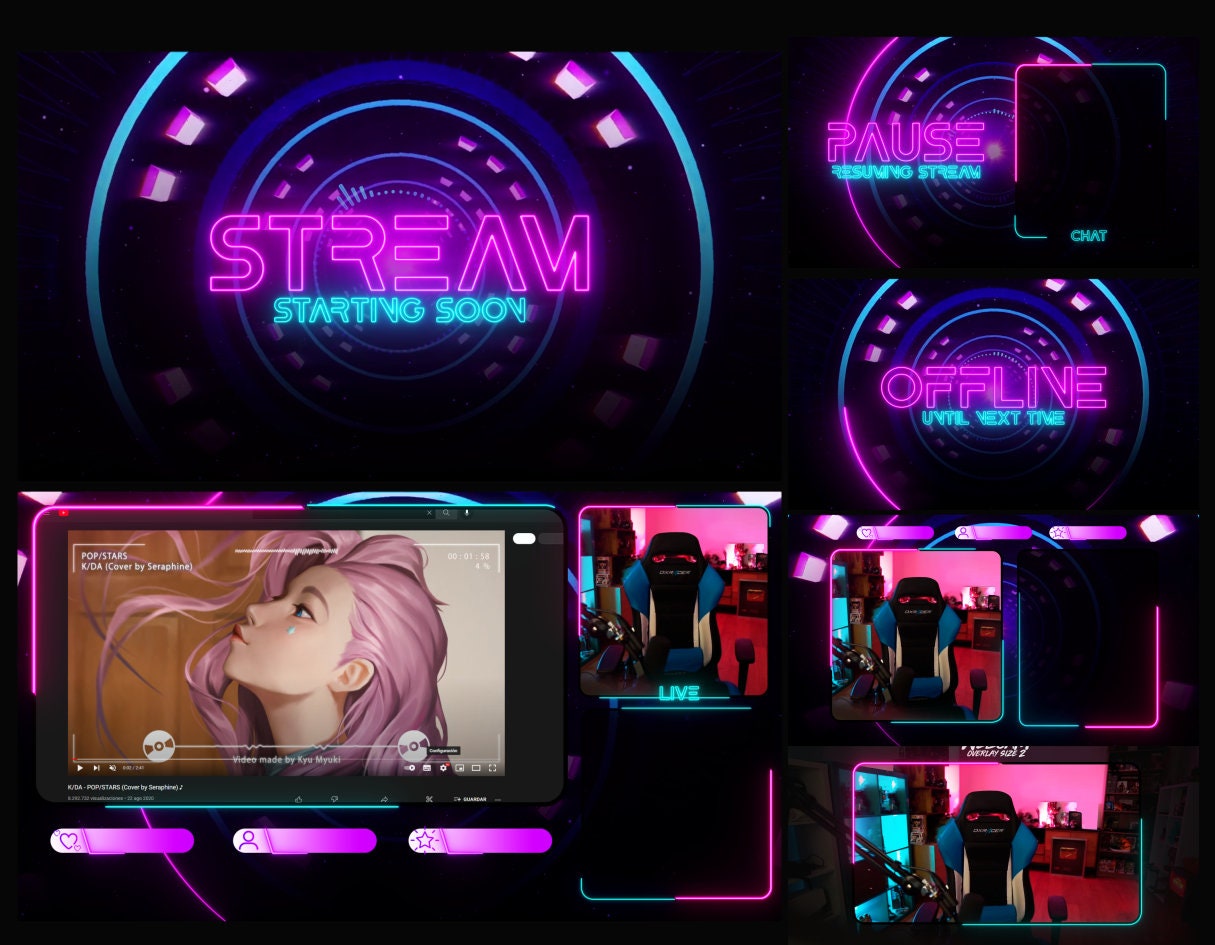Animated Stream Overlay pack / Neon futuristic style /  Twitch and Kick