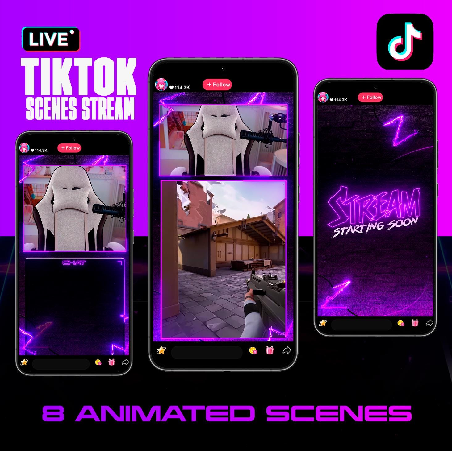 Neon Purple TIKTOK Streaming Overlay Pack - Tiktok Live Animated Design