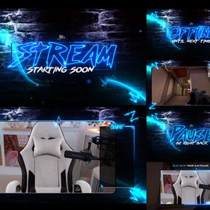 Overlays Stream Animated Neon Blue style  Pack - WEBM format - Twitch, Youtube and Kick