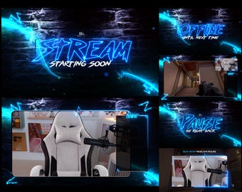 Overlays Stream Animated Neon Blue style  Pack - WEBM format - Twitch, Youtube and Kick