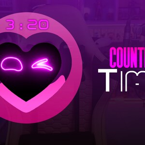 May include: A pink and purple countdown timer with a heart-shaped design and a winking eye. The timer reads 3:20. The text "COUNTDOWN TIMER" is displayed in white letters.