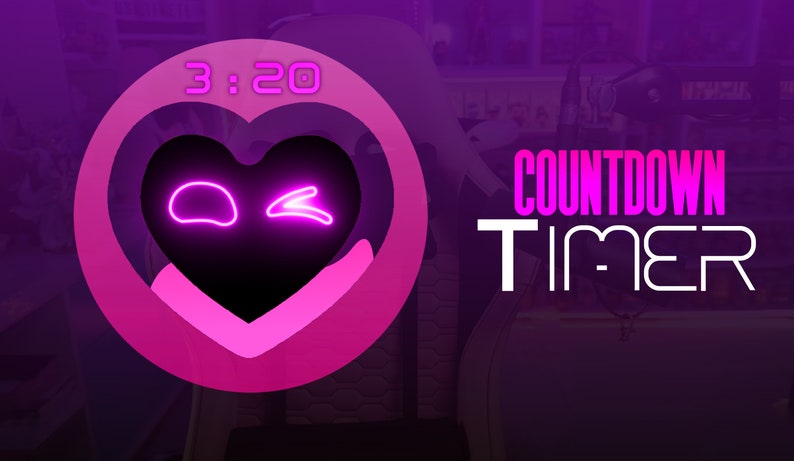 May include: A pink and purple countdown timer with a heart-shaped design and a winking eye. The timer reads 3:20. The text "COUNTDOWN TIMER" is displayed in white letters.