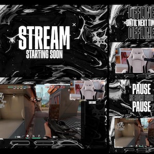 May include: A digital streaming overlay set featuring a black and white marble pattern. The graphics include text displays for STREAM STARTING SOON, OFFLINE UNTIL NEXT TIME, and PAUSE BE RIGHT BACK, alongside frames for gameplay footage and a gaming chair.