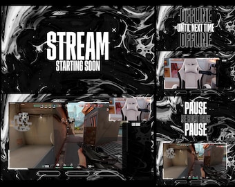 Animated Stream Overlay Pack, Black White Scenes, Twitch YouTube OBS (WEBM)