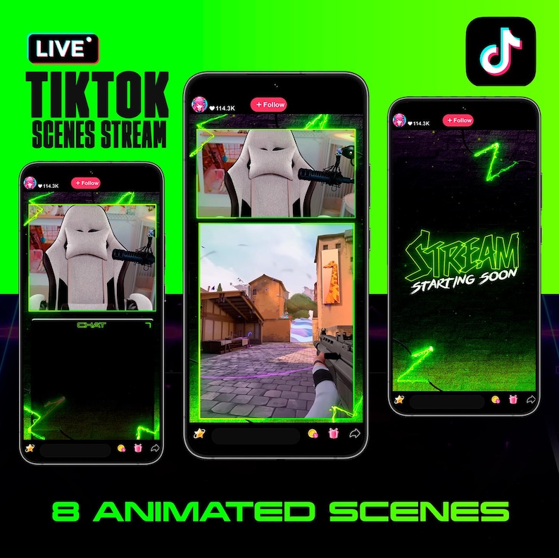 Neon Green TIKTOK Streaming Overlay Pack - Tiktok Live Animated Design image 1