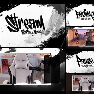 Puede incluir: Diseño gráfico en blanco y negro para una configuración de transmisión. El diseño incluye elementos de texto como "Stream Starting Soon", "Ending Until Next Time" y "Pause Be Right Back". El diseño también incluye una silla de juego y un micrófono.