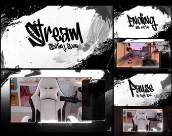 Animated Black & White Stream Overlay Pack: Twitch, YouTube, Kick (WEBM Format)