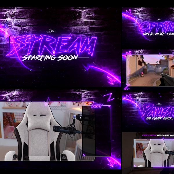 Neon Purple Animated Stream Overlays, Custom Twitch Graphics, OBS Designs, Digital Download for Streamers