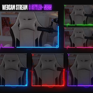 May include: A digital graphic showcasing eight neon-style webcam stream overlays. Each overlay features a gaming chair and microphone, framed by vibrant neon borders in various colors, including green, pink, blue, and red. The text "WEBCAM STREAM 8 STYLES - NEON" is at the top.
