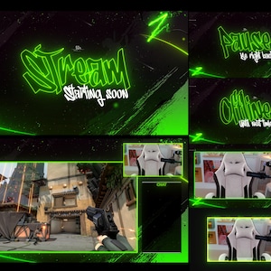 May include: A digital streaming overlay set with a neon green and black color scheme. The set includes screens for "Stream Starting Soon", "Pause Be Right Back", and "Offline Until Next Time". Also included are game play and chat box screens.