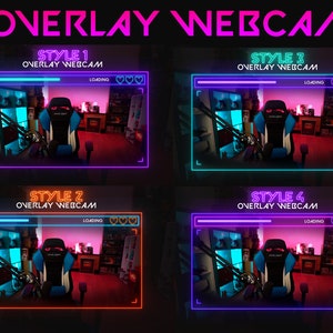 Pode incluir: Quatro estilos diferentes de sobreposições de webcam com cores neon e uma barra de carregamento. As sobreposições são em rosa, azul, laranja e roxo.