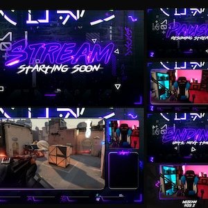 Animated Stream Overlays Pack - Purple Violet Futuristic Neon Style