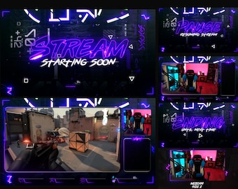 Animated Stream Overlays Pack - Purple Violet Futuristic Neon Style