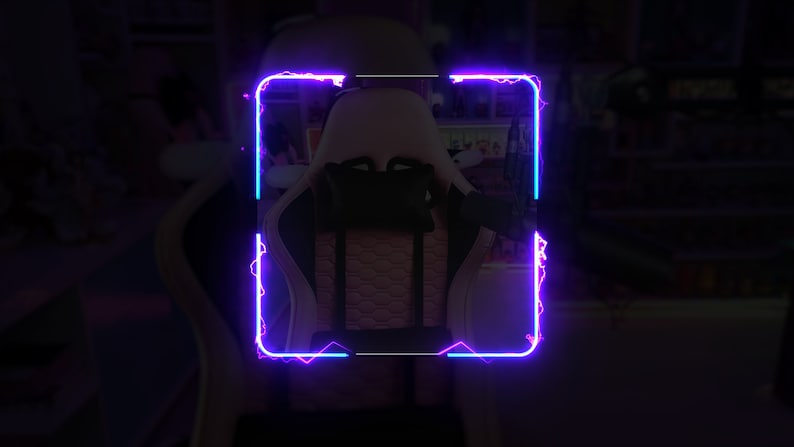 May include: A white and black gaming chair with a pink and black patterned back. The chair has a black headrest and a black lumbar support. The chair is framed with a neon blue and pink border.
