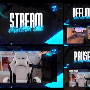 May include: Streaming overlays with a dark background and neon blue accents. The overlays include "STREAM STARTING SOON", "OFFLINE", "PAUSE", and a webcam overlay. The design features a gaming chair and microphone.