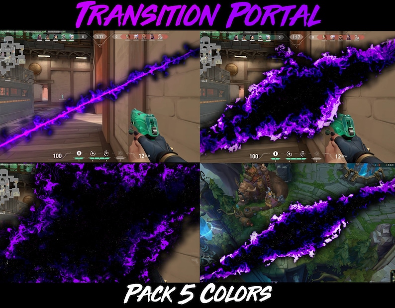 Op de afbeelding: Een screenshot van een videogame die een paarse en zwarte overgangseffect laat zien met de tekst "TRANSITION PORTAL PACK 5 COLORS" onderaan.
