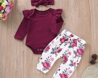 0-18 M Lovely Burgundy Baby Girl Outfit 
