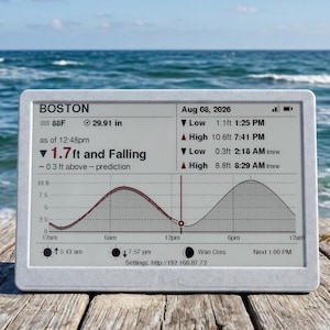 May include: A white digital tide clock display showing Boston data for August 08, 2026. The screen features a tide graph, current level of 1.7 ft and falling, high and low tide times, temperature of 88 F, and pressure of 29.91 in.
