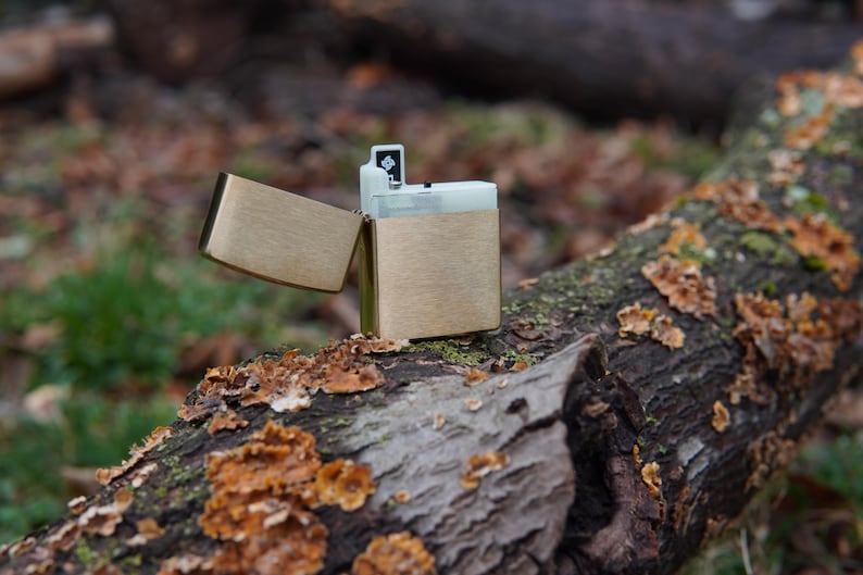 May include: A gold-colored lighter with a white top and a black insert. The lighter is open and sitting on a tree branch with brown bark and orange lichen.